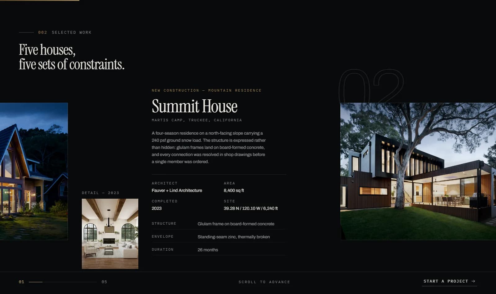 A project index section from the Blackridge site, listing houses with their constraints.
