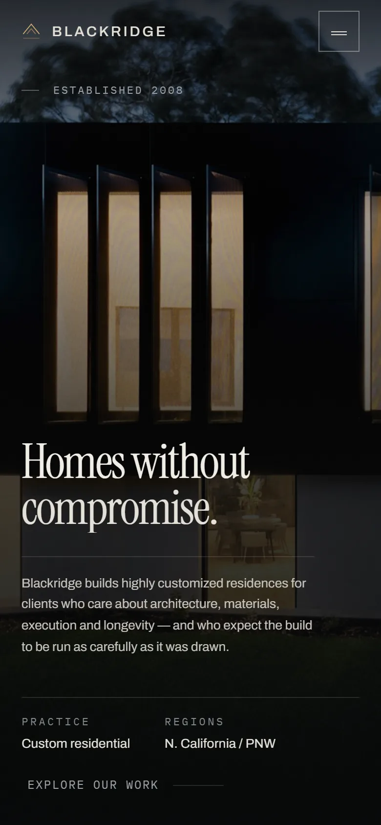 The same Blackridge homepage on a phone, with a condensed header, a taller image crop and the practice details stacked.
