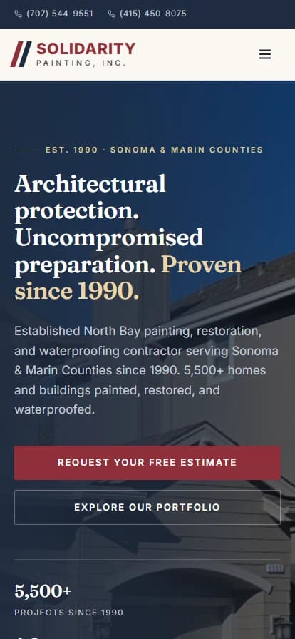 The same Solidarity Painting homepage on a phone, with the service list stacked.