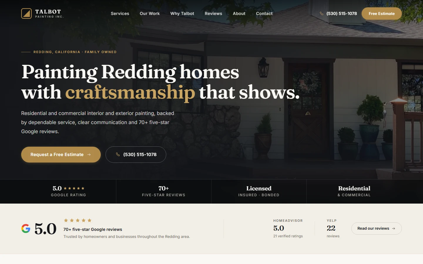 The Talbot Painting redesign: a warm ivory and charcoal homepage with a serif display headline and interior painting photography.