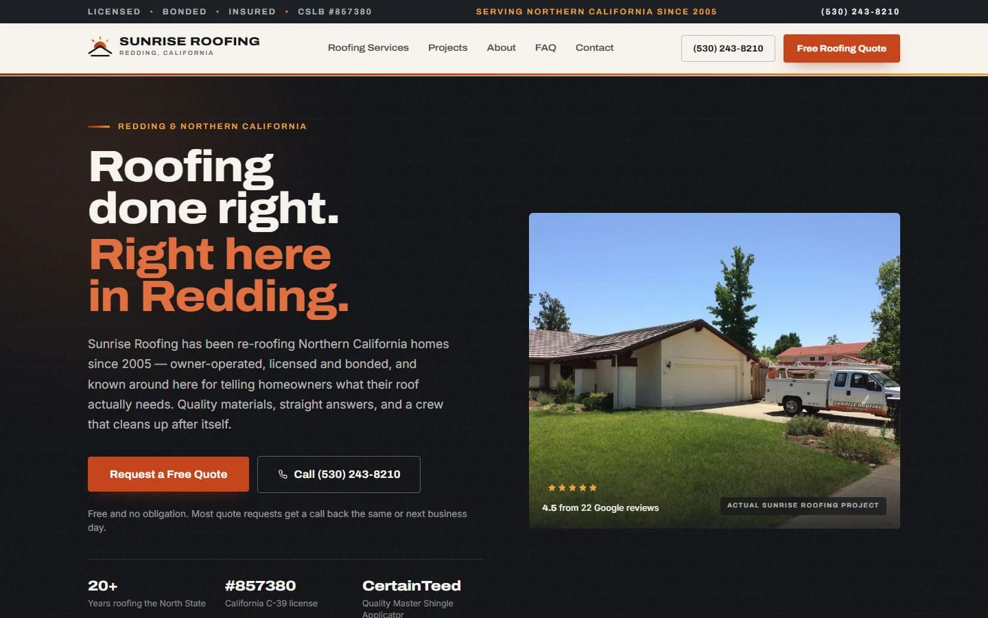 The Sunrise Roofing homepage at desktop width, with the headline, a project photograph and the credential row.