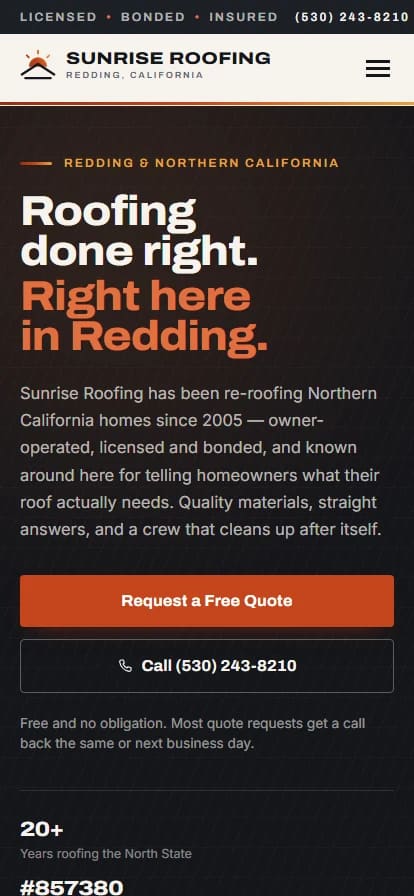 The same Sunrise Roofing homepage on a phone, with the headline reflowed and the call button reachable with one thumb.
