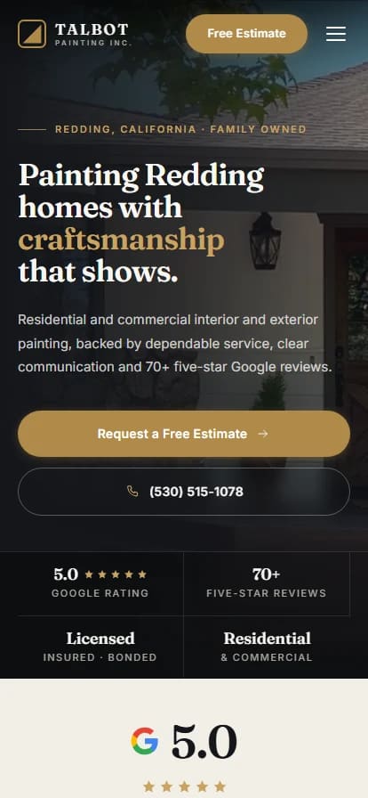 The same Talbot Painting homepage on a phone, with the contact number tappable.
