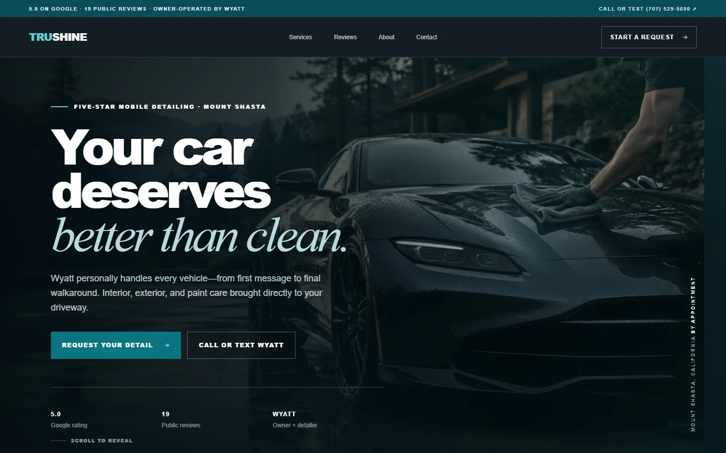 The Trushine Detailing homepage at desktop width.